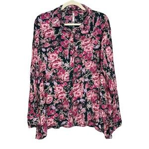 Floral Blouse L Cottagecore Button-Up Flowy Romantic Feminine Chic Pink Womens